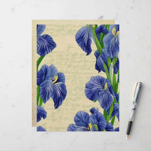 ブルーアイリス花ヴィンテージエフェメラパターン レターヘッド (正面/裏面インサイチュ)