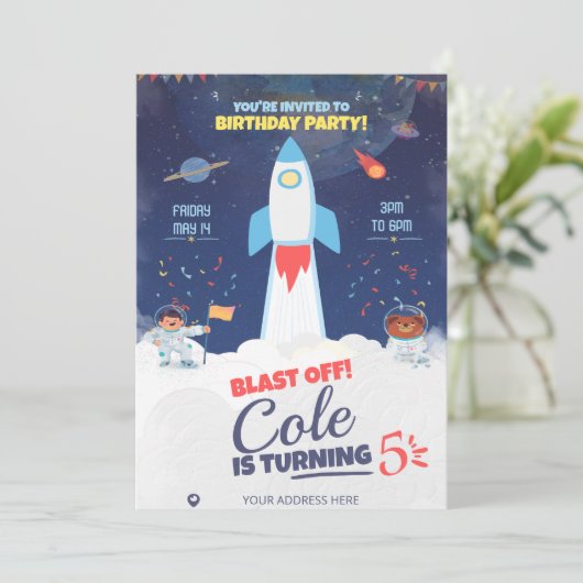ブルーアウタスペース誕生日、宇宙飛行士誕生日 招待状 (スタンド正面)