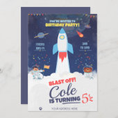 ブルーアウタスペース誕生日、宇宙飛行士誕生日 招待状 (正面/裏面)