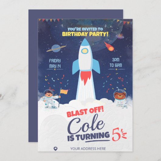 ブルーアウタスペース誕生日、宇宙飛行士誕生日 招待状 (正面/裏面)