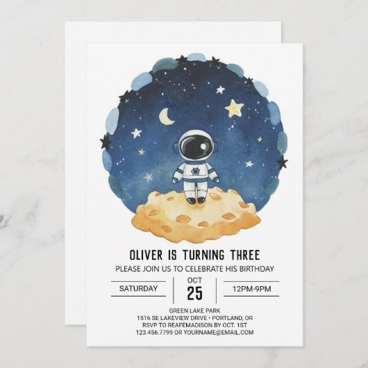 ブルーアウターモダンスペースボーイ誕生日 招待状 (正面/裏面)
