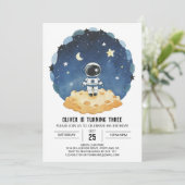 ブルーアウトスペース モダン宇宙飛行士少年誕生日 招待状 (スタンド正面)