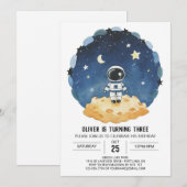 ブルーアウトスペース モダン宇宙飛行士少年誕生日 招待状 (正面/裏面)