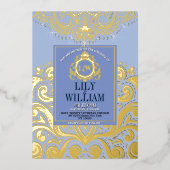 ブルーアエレガントルデコダイヤモンドモノグラ結婚ムの金ゴールド 箔招待状 (正面)