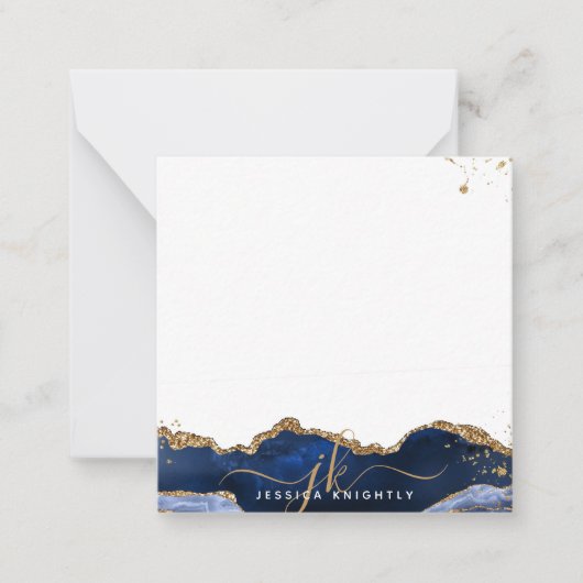 ブルーアガテエレガントスクリプトモノグラム金ゴールドグリッター ノートカード (正面)