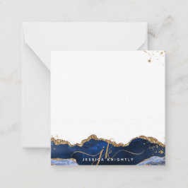 ブルーアガテエレガントスクリプトモノグラム金ゴールドグリッター ノートカード