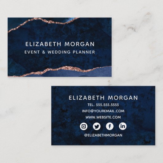 ブルーアガテマーブルバラ金ゴールド水彩 名刺 (正面/裏面)