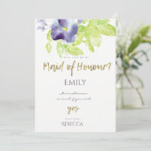 ブルーアクアインク水彩フローラメイド・オブ・オーナー（花嫁付き添い人） 招待状 (スタンド正面)