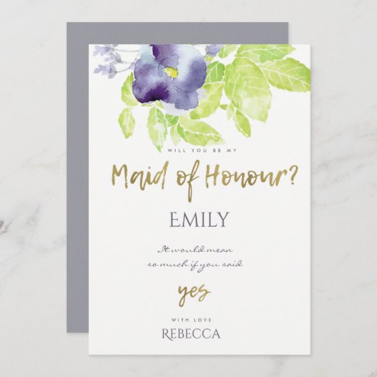 ブルーアクアインク ウォーターカラー フラワル メイド オブ オナー 招待状 (正面/裏面)