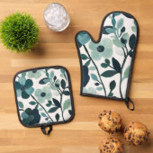 ブルーアクアエレガントフローラキッチンオーブンミットセット 鍋つかみ&鍋敷きセット (トップダウン)