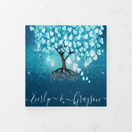 ブルーアクアターコイズハートリーフ結婚ツリーズトリ – F 三つ折り招待状 (カバー)