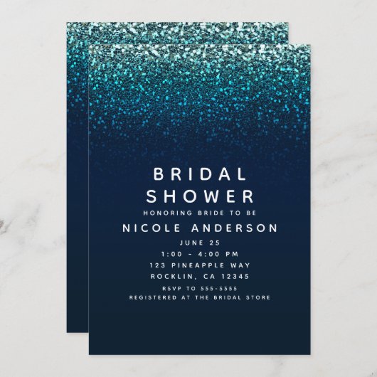 ブルーアクアネイビーグリッタースパークルブライダルシャワー 招待状 (正面/裏面)