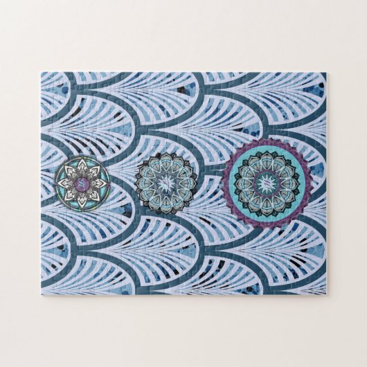 ブルーアクアパープル3マンダラパーソナライズされた ジグソーパズル (横)