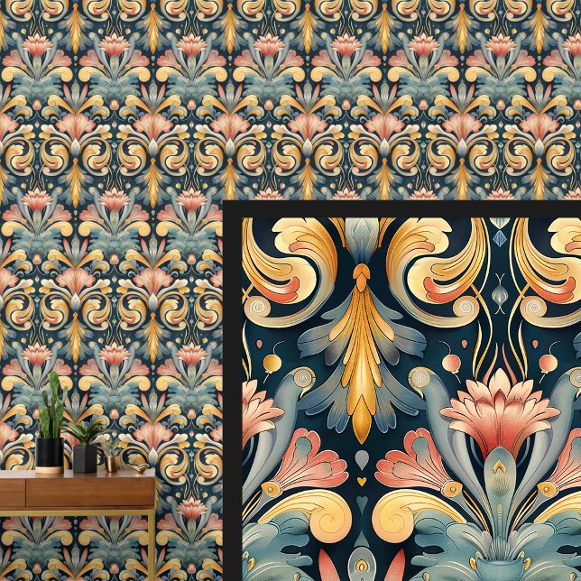 ブルーアクアピンク金ゴールドアールヌーボー 壁紙 (クリエイターアップロード済み)