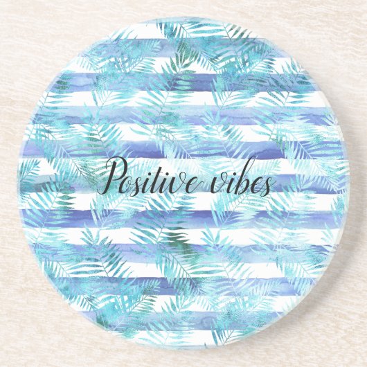 ブルーアクアホワイトウォーター色ストライプのトロピカル離れ コースター (正面)