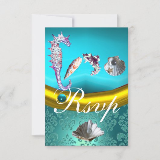 ブルーアクアマリンダマスクビーチ結婚式モノグラム 出欠カード (正面)