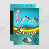 ブルーアクアマリンダマスクビーチ結婚式モノグラム 出欠カード (正面/裏面)