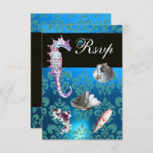 ブルーアクアマリンダマスクビーチ結婚式RSVP 出欠カード (正面/裏面)