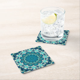 ブルーアクアマンダラロゼットレトロヒッピー スクエアペーパーコースター