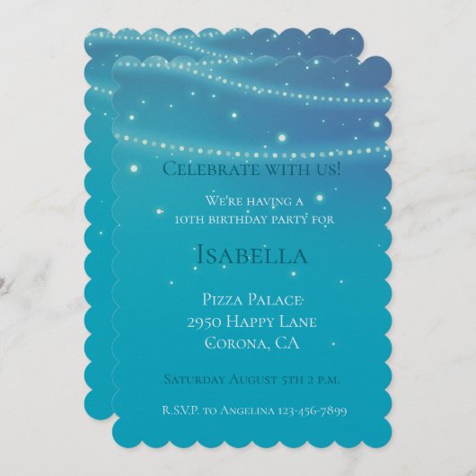 ブルーアクアマーメイドスパークル誕生日 招待状 (正面/裏面)