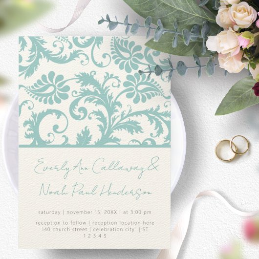ブルーアクアミントグリーンダマビクトリアンスクウェディング 招待状