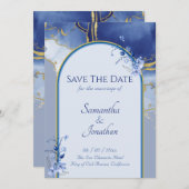 ブルーアクアモダンマーブルウェディング日付を保存 招待状 (正面/裏面)