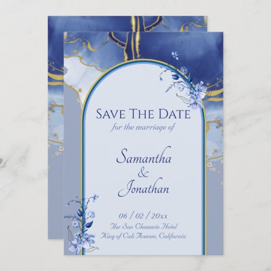 ブルーアクアモダンマーブルウェディング日付を保存 招待状 (正面/裏面)