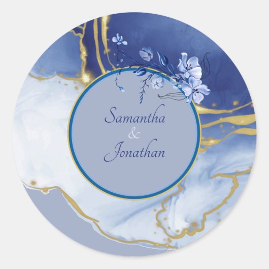 ブルーアクアモダンマーブルズ結婚封筒用シール ラウンドシール (正面)