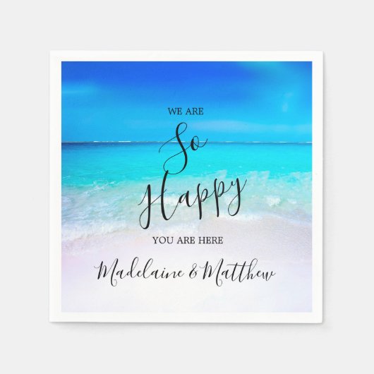 ブルーアクア海ビーチコースト結婚ーエンゲージメント スタンダードカクテルナプキン (正面)