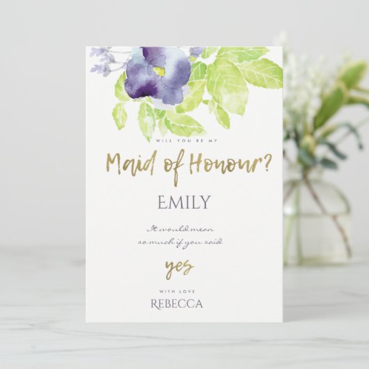ブルーアクア インク ウォーターカラー フローラル メイド オブ オナー 招待状 (スタンド正面)