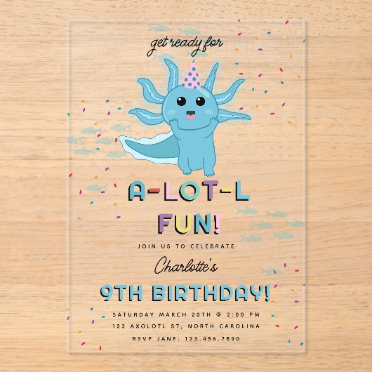 ブルーアクソロトルキッズキュートサラマンダーバースデーパーティー アクリル招待状 (正面)