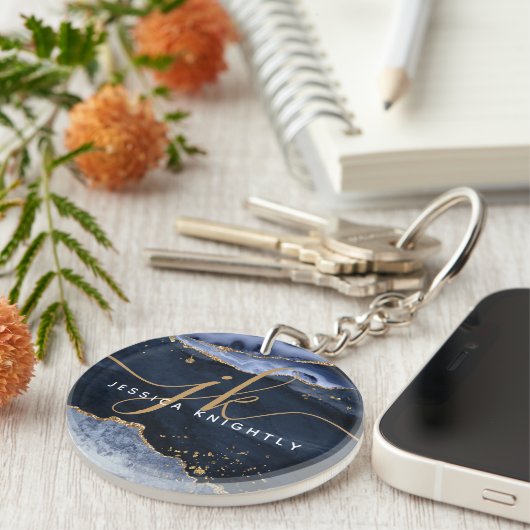 ブルーアゲテゲード金ゴールドグリッタースクリプトモノグラム キーホルダー (正面右)