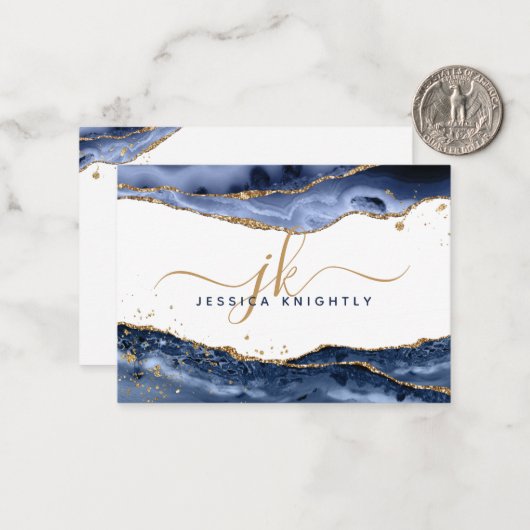 ブルーアゲテゲード金ゴールドグリッタースクリプトモノグラム ノートカード (正面/裏面インサイチュ)