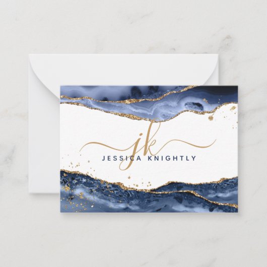 ブルーアゲテゲード金ゴールドグリッタースクリプトモノグラム ノートカード (正面)