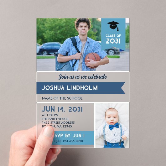 ブルーアゲハチョウバナー写真卒業パーティー アクリル招待状 (インサイチュ (ポータブル))