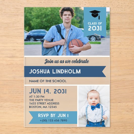 ブルーアゲハチョウバナー写真卒業パーティー アクリル招待状 (正面)