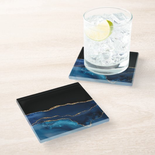 ブルーアゲートマーブルシャイニーゴールデングリッターシックグラム ガラスコースター (アングル)