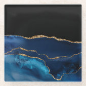 ブルーアゲートマーブルシャイニーゴールデングリッターシックグラム ガラスコースター (正面)