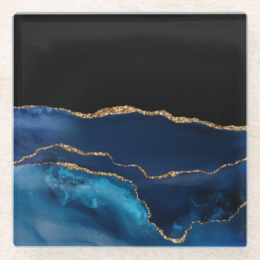 ブルーアゲートマーブルシャイニーゴールデングリッターシックグラム ガラスコースター (正面)