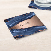 ブルーアゲート大理石 ローズゴールド ネームスクリプト スクエアペーパーコースター (アングル)