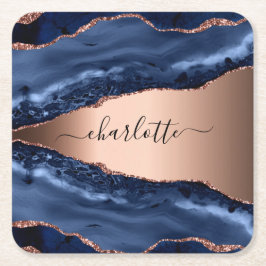 ブルーアゲート大理石 ローズゴールド ネームスクリプト スクエアペーパーコースター