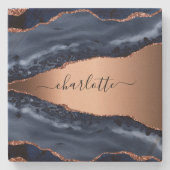 ブルーアゲート大理石 ローズゴールド ネームスクリプト ストーンコースター (正面)