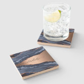 ブルーアゲート大理石 ローズゴールド ネームスクリプト ストーンコースター (横)