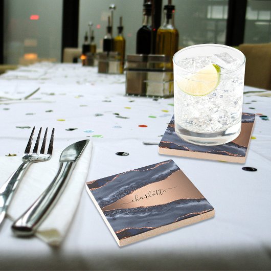 ブルーアゲート大理石 ローズゴールド ネームスクリプト ストーンコースター