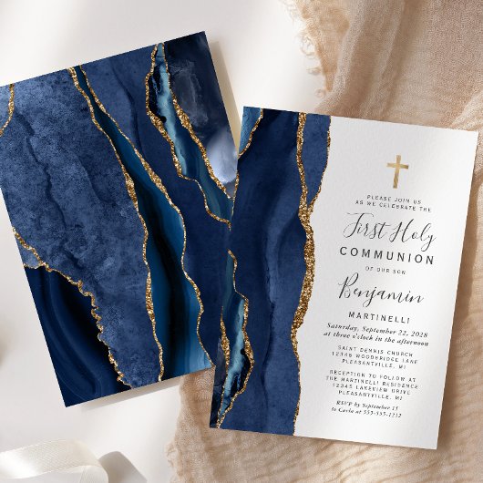ブルーアゲート金ゴールドグリッターファーストホーリーコミューニオン 招待状
