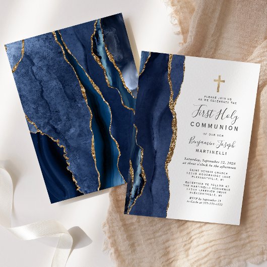 ブルーアゲート金ゴールドグリッターファーストホーリーコミューニオン 招待状