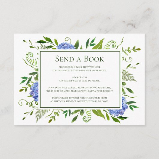 ブルーアジサイが本を送る仮想ベビーシャワー エンクロージャーカード (正面)