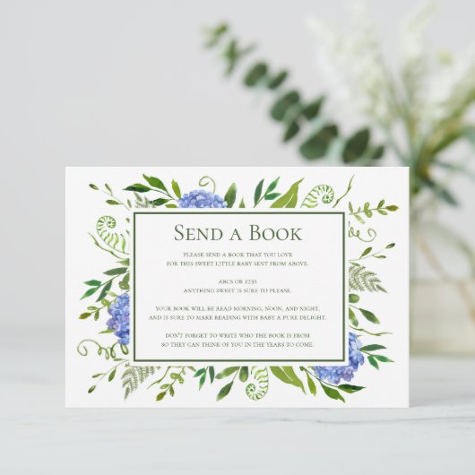 ブルーアジサイが本を送る仮想ベビーシャワー エンクロージャーカード (スタンド正面)