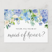 ブルーアジサイとアイボリーバラフローラメイド・オブ・オーナー（花嫁付き添い人） インビテーションポストカード (正面)