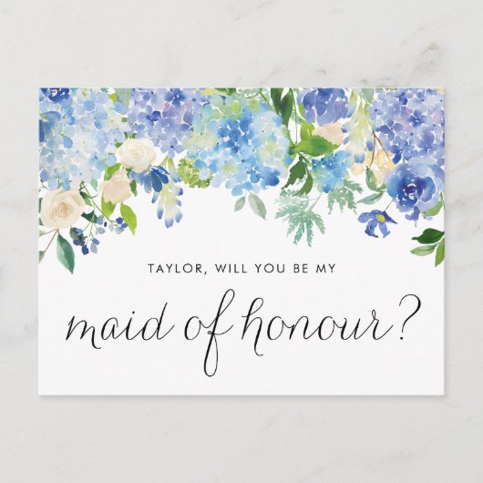 ブルーアジサイとアイボリーバラメイド・オブ・オーナー(花嫁付き添い人) インビテーションポストカード (正面)